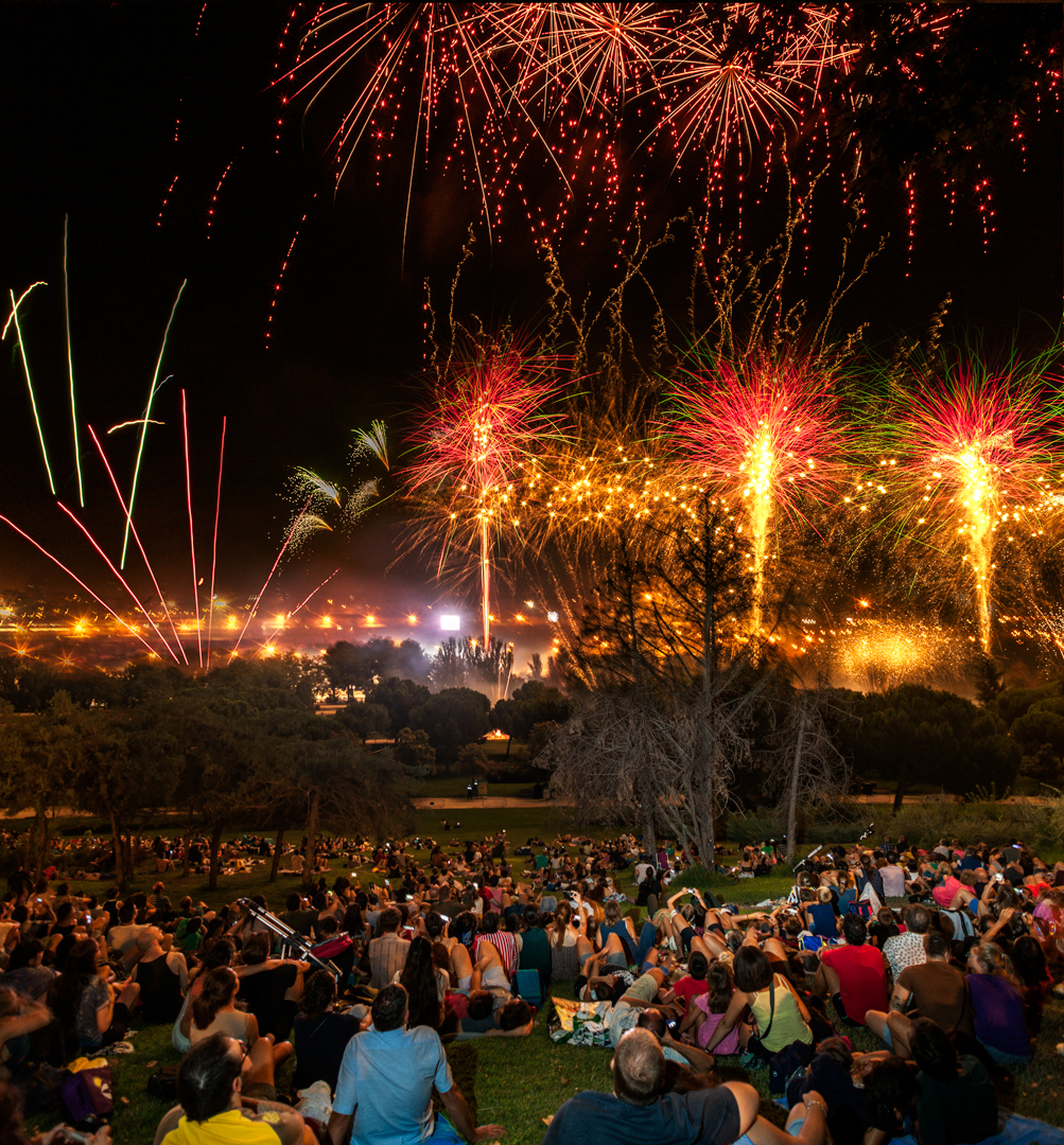 Imagen de un anochecer en el parque con fuegos artificiales